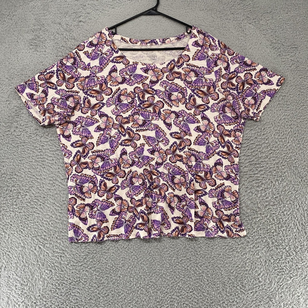 J. Jill T-Shirt Womens 2X Butterfly Print Pima Slub Scoop Neck Side Slit Tee